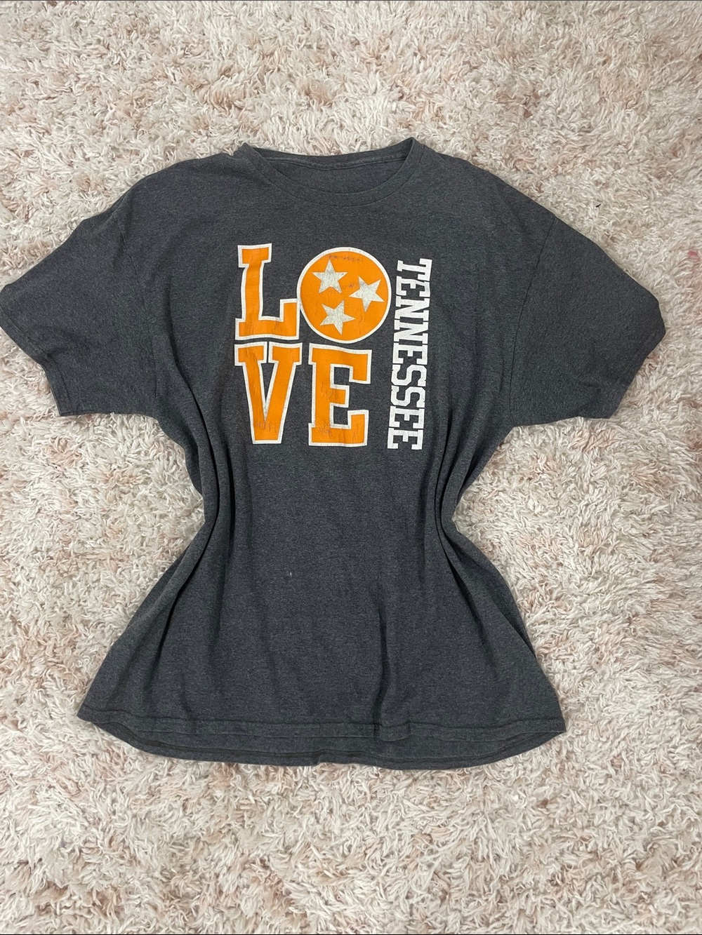Large Vintage looking Tennessee LOVE Graphic Tee - Charcoal with Orange & White